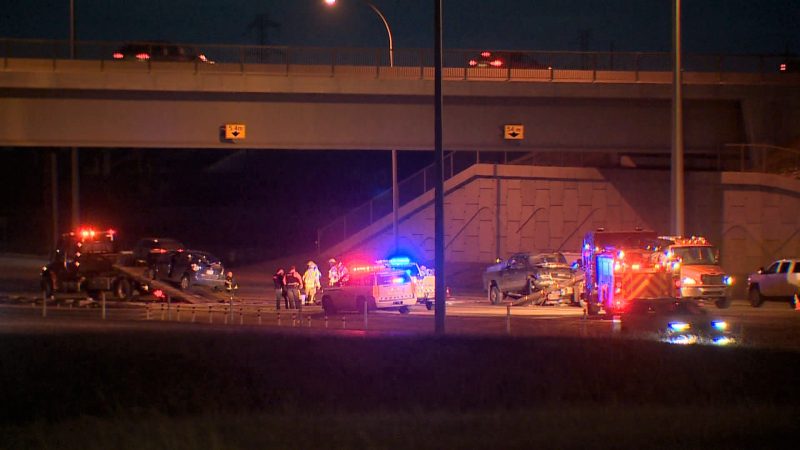 Emergency crews respond to a two-vehicle crash north of Calgary on Highway 2 on Oct. 27, 2020.