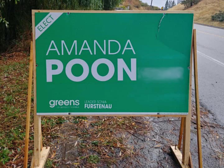 B.C. Green Party candidate Amanda Poon, who is running for election in the riding of Kelowna-Mission, says some of her election signs were recently vandalized, including the one above. The vandalism in this photo has been blurred.