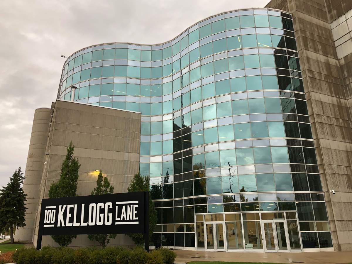 The front entrance of 100 Kellogg Lane’s entertainment complex in Old East Village.