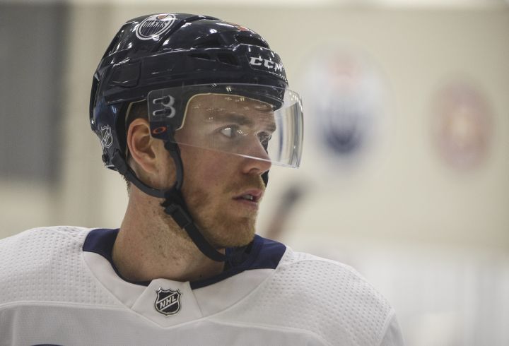 Edmonton Oilers' Connor McDavid (97) takes part in practice for the upcoming return of NHL hockey in Edmonton, on Thursday, July 23, 2020. 