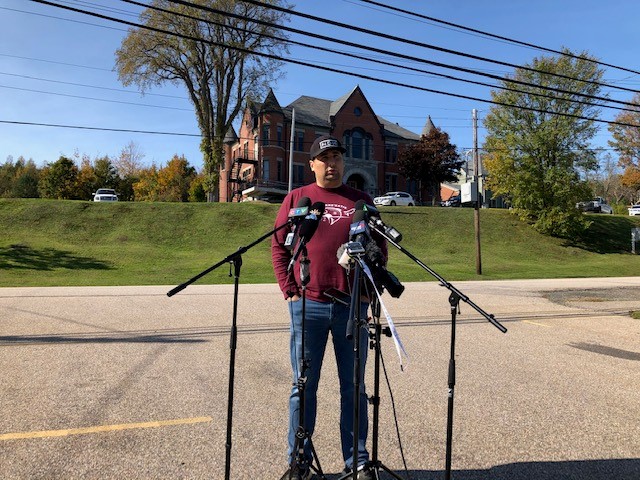 Chief Michael Sack of the Sipekne’katik First Nation addresses the media on Oct. 15, 2020.