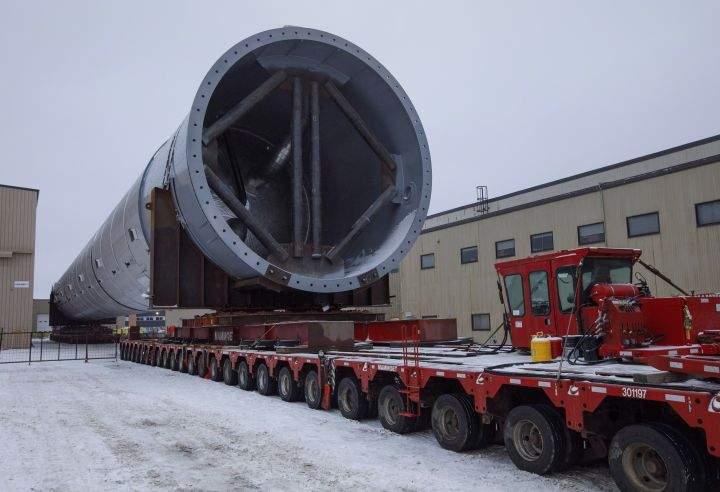 A 820 tonne, 96 metre petrochemical splitter that is going to be moved to Fort Saskatchewan, in Edmonton Alta, on Sunday January 6, 2019. This is the largest load to ever move on Alberta highways. 