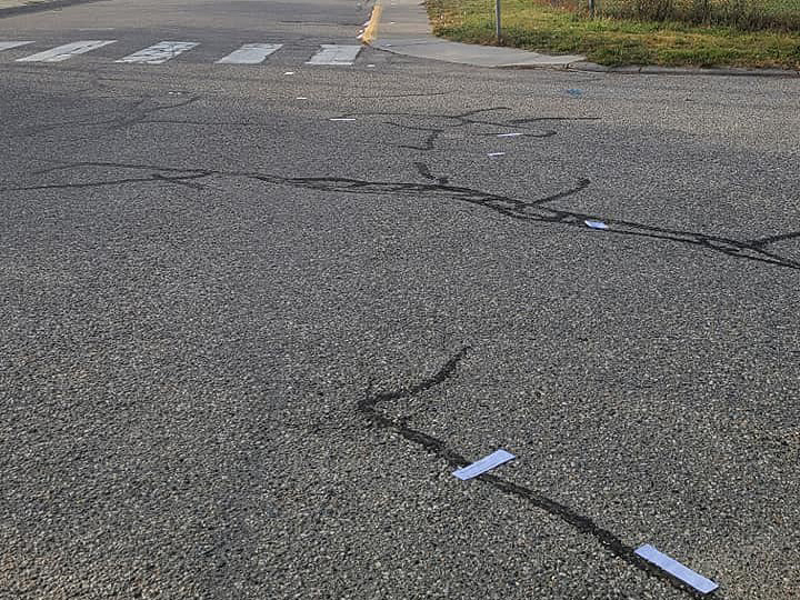 A photo showing clippings littered in front of a North Okanagan school.