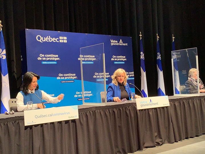 Montreal Mayor Valérie Plante (left), Municipal affairs minister Andrée Laforest (centre) and the minister responsible for Montreal, Chantal Rouleau (right) announce $263 million for the city of Montreal deal with the financial losses brought on by the pandemic. Tuesday, Oct. 13, 2020.