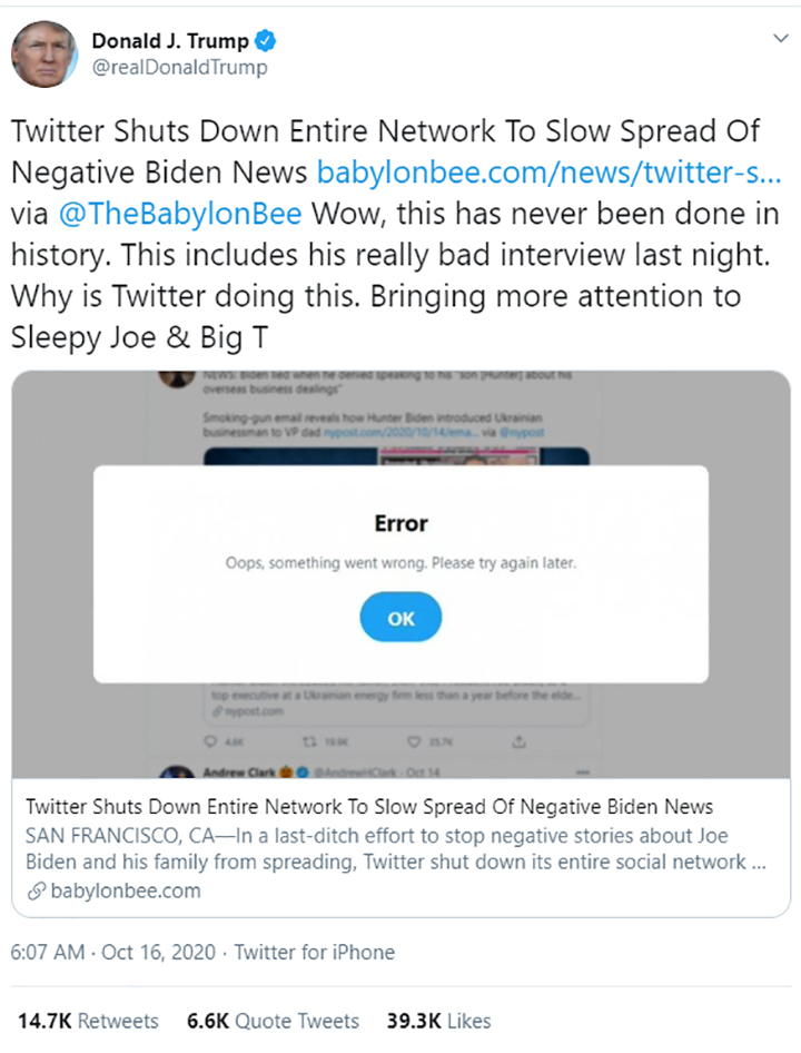This screenshot shows U.S. President Donald Trump tweeting a fake story from a Christian satire site on Oct. 16, 2020.