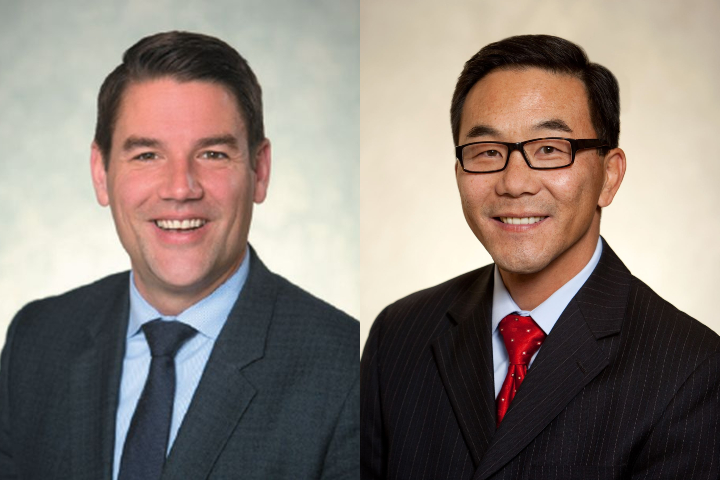 Calgary councillors Evan Woolley, left, and Sean Chu, right.