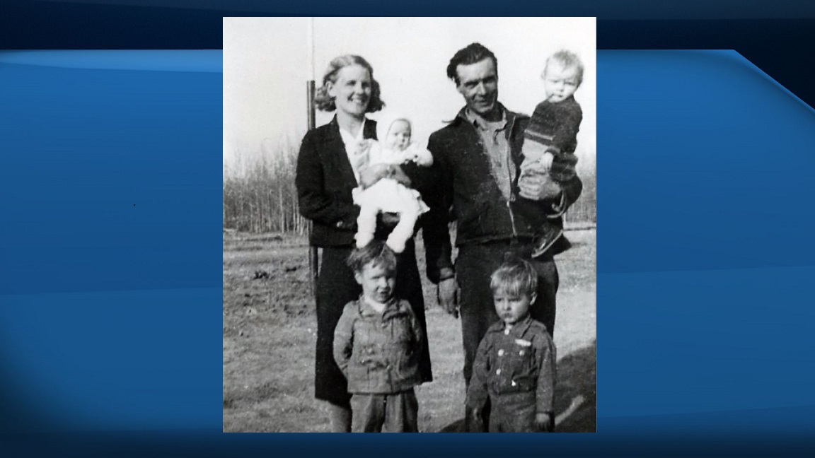 The Johnston family in 1943. Clockwise from top left: Amelia holding Leona, Henry holding Yvonne, Ken, George.