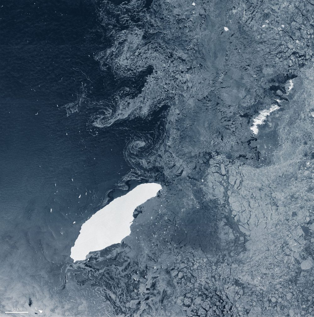 A huge iceberg known as A68-A is shown in the South Atlantic Ocean on July 5, 2020.