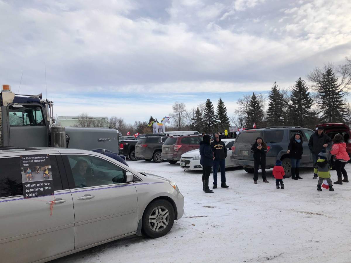 The Hugs over Masks rally in Steinbach.