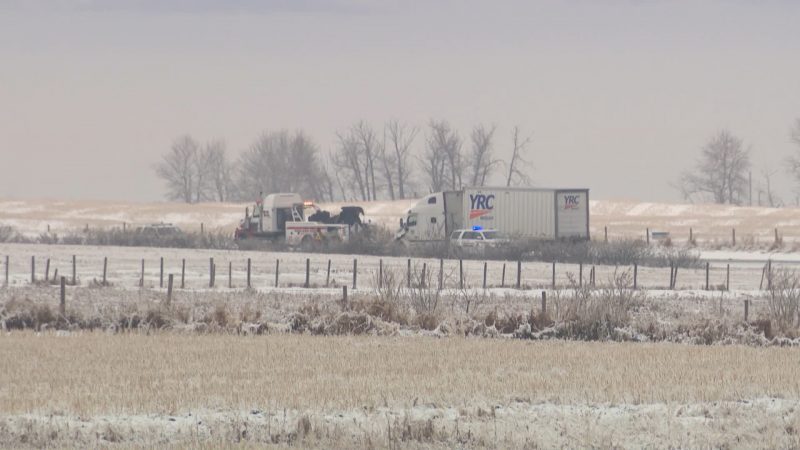 RCMP investigate a serious collision between a semi-trailer and a car on Highway 22x between Highway 797 and Highway 24 on Wednesday, Dec. 9, 2020.
