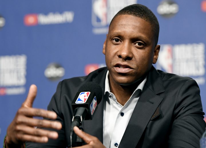 Masai Ujiri speaks to media in Toronto on Wednesday, May 29, 2019. 