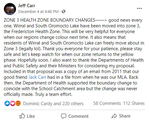 A New Brunswick MLA posted to Facebook Friday with the first word that Public Health boundaries would be altered.