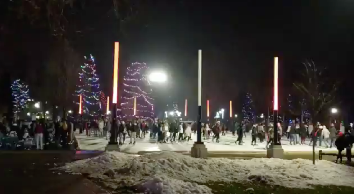 A screenshot of a video capturing approx. 150 skaters on the ice at London, Ont.,'s Victoria Park public ice rink on Friday night.