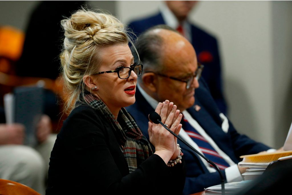 Mellissa Carone, who was working for Dominion Voting Services, speaks in front of the Michigan House Oversight Committee in Lansing, Michigan on De.2, 2020.
