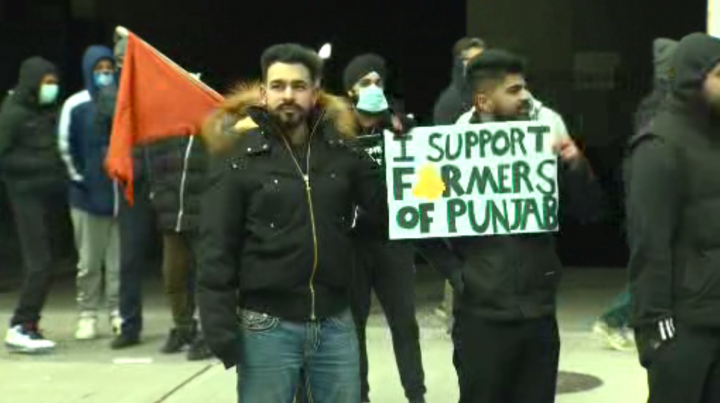 Demonstrators against new Indian agriculture laws rallied in Toronto on Saturday.