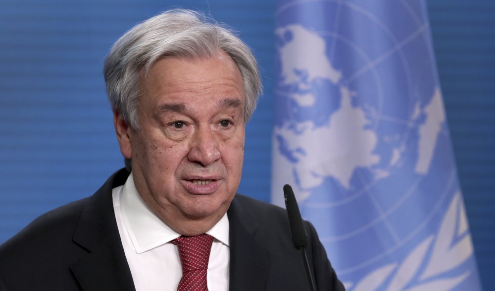 UN Secretary-General Antonio Guterres addresses the media during a joint press conference with German Foreign Minister Heiko Maas after a meeting in Berlin, Germany, Thursday, Dec. 17, 2020. 