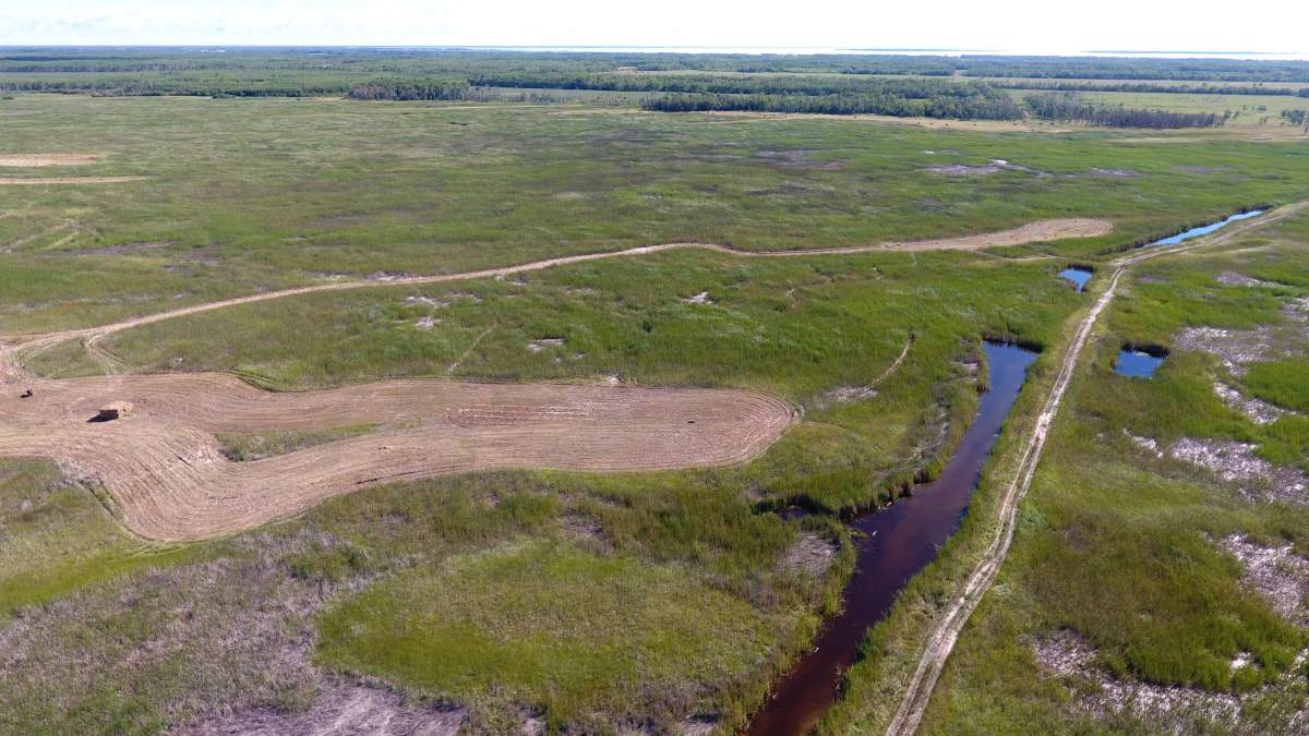 A drone shot of agricultural Crown land in the Winnipegosis area. Farmers try to cut what they can for hay.