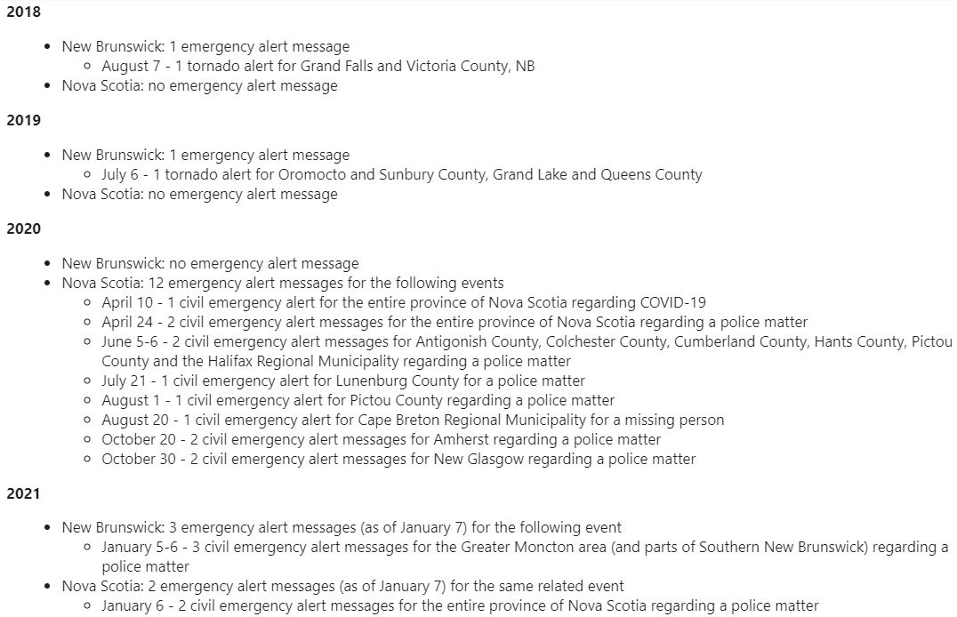 Here is when and why Nova Scotia and New Brunswick have issued emergency alerts since 2018.