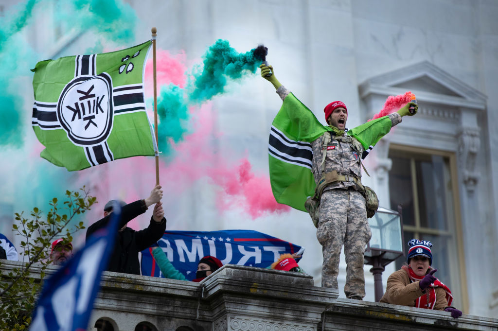 Trump supporters fly the Kek flag outside the U.S. Capitol on Jan. 6, 2021, in Washington, D.C.
