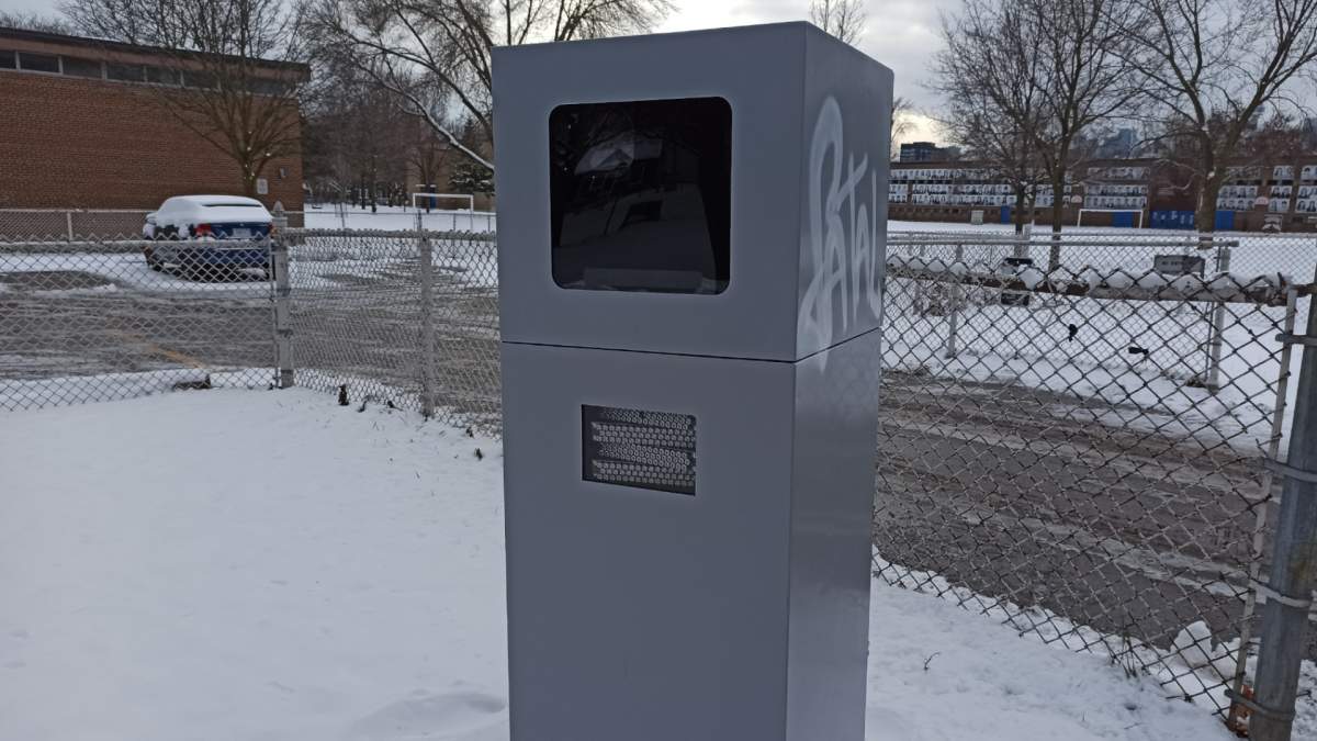 Photo of an automated speed enforcement (ASE) camera. The use of ASE cameras in Hamilton is one of a series of measures to reduce speeds and improve safety in the city.