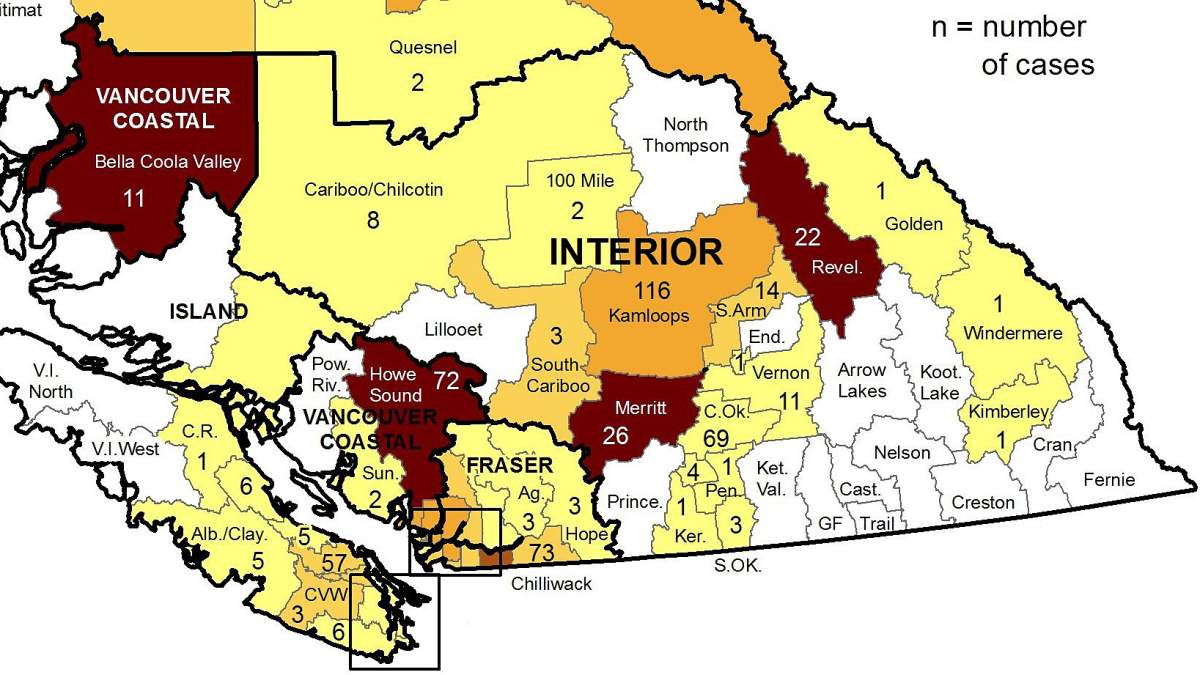 A map showing the weekly number of cases throughout B.C., for the week of Feb. 7-13, 2021.