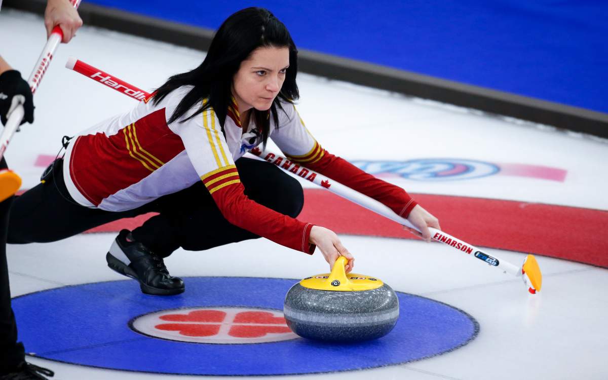 Team Canada skip Kerri Einarson makes a shot against Team Alberta in the semi-final at the Scotties Tournament of Hearts in Calgary, Alta., Sunday, Feb. 28, 2021.