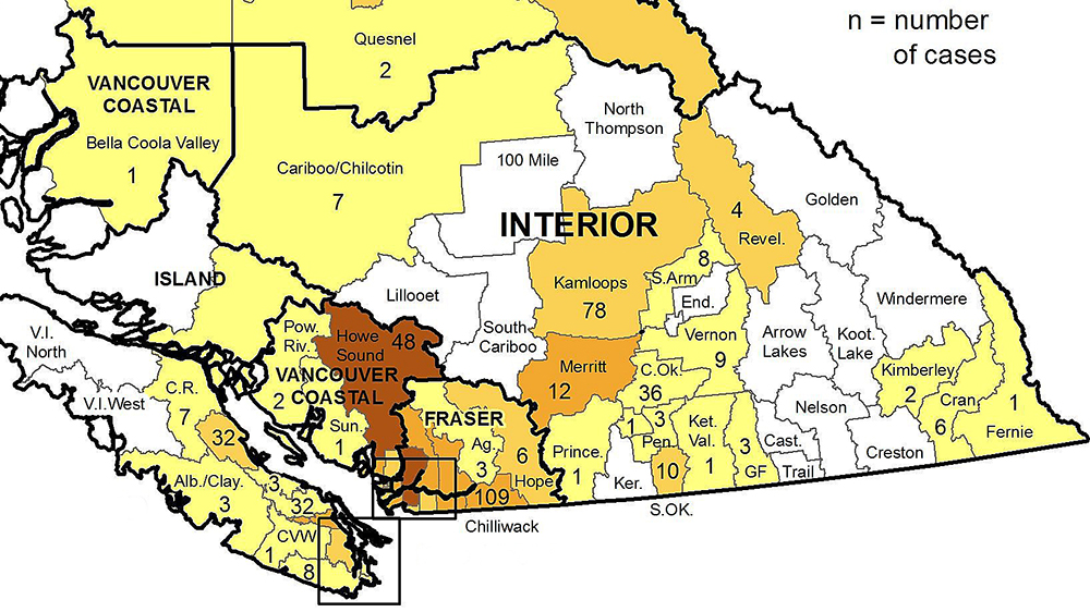 A map from the B.C. Centre of Disease Control showing the number of confirmed coronavirus cases from Feb. 12-18, 2021.