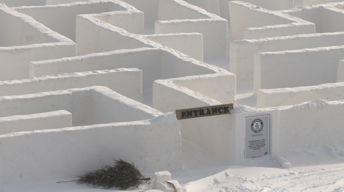 The entrance of the world's largest snow maze in St. Adolphe, Man. pictured on Feb. 6, 2021.