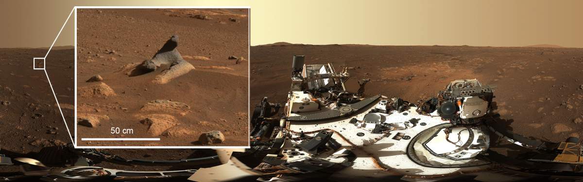 This wind-carved rock seen in first 360-degree panorama taken by the Mastcam-Z instrument shows just how much detail is captured by the camera systems.