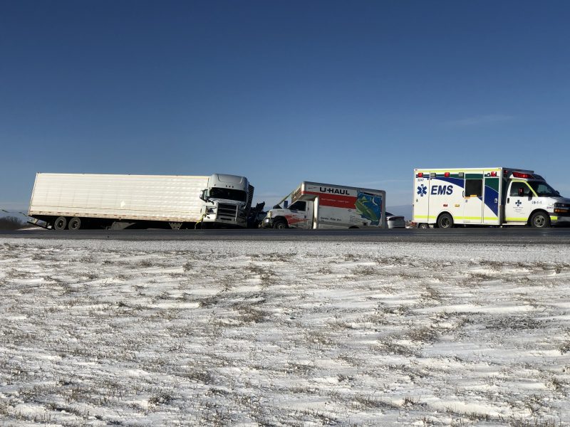 Emergency crews respond to a collision on the QE2 Highway and Highway 72 on March 29, 2021.