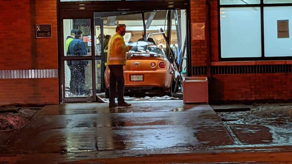 A car crashed into the Lloydminster Hospital on the Saskatchewan side of the border city on Wednesday, March 17, 2021.