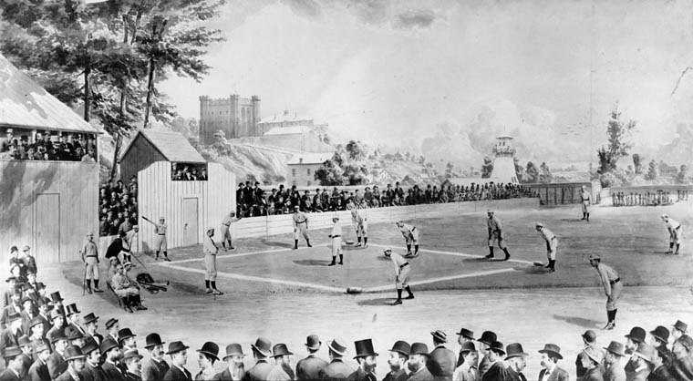 A baseball game between the London Tecumsehs and the Stars of Syracuse at then Tecumseh Park in 1878.