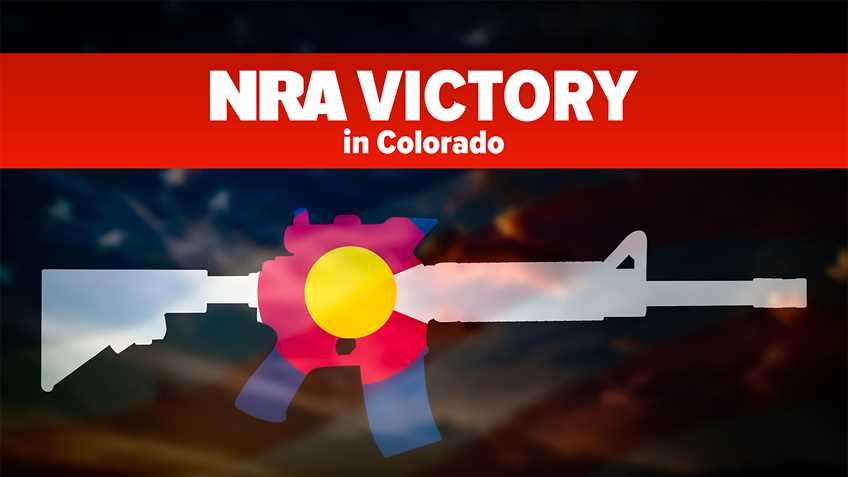 An NRA graphic celebrating a win against an AR-15 ban in Boulder, Colo., is shown.