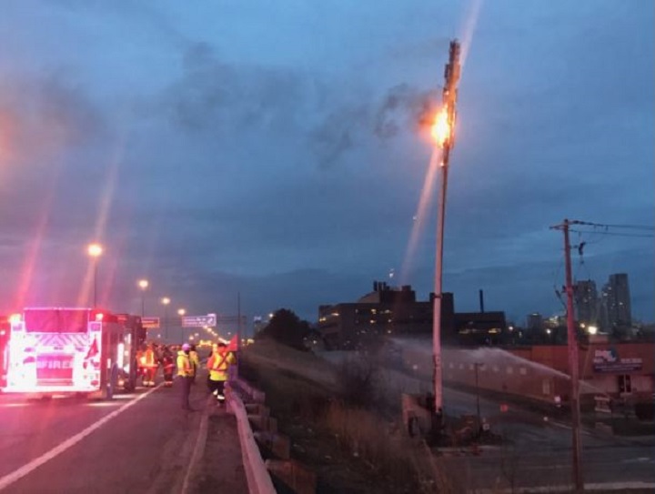 A photo of the cell phone tower on fire near Highway 401 and Midland Avenue.