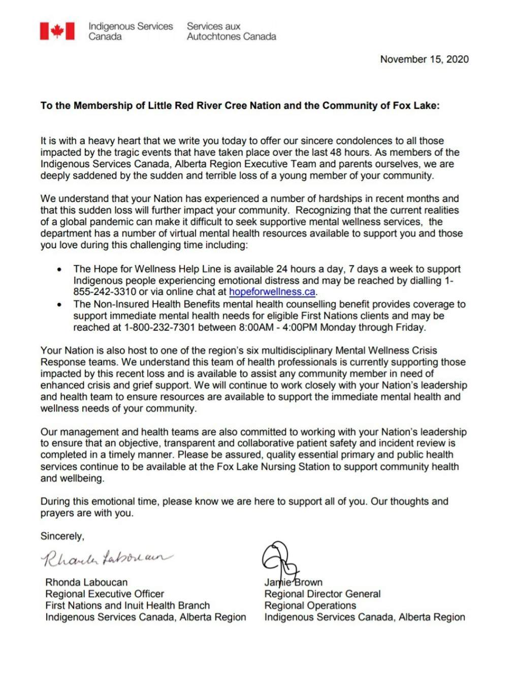 Letter sent to Little Red River Cree Nation from Indigenous Services Canada days after Harlen died