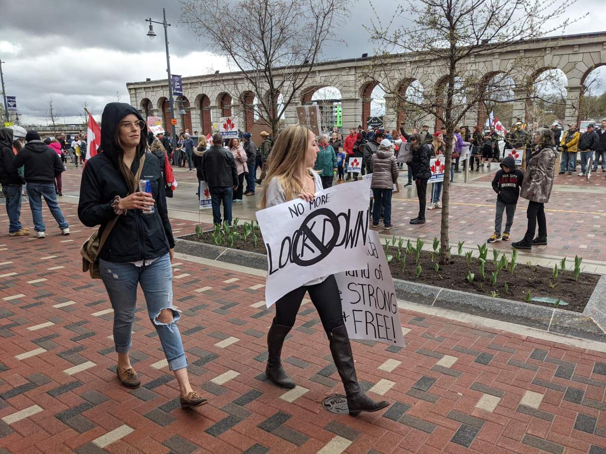 More than 100 people gathered at a rally in Belleville to protest COVID-19 lockdowns in Ontario, hosted by independent MPP Randy Hillier. 