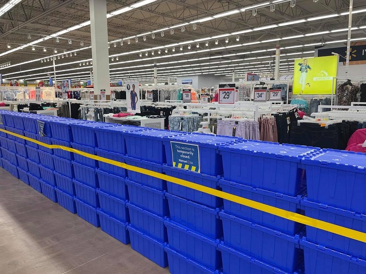 Inside of a Walmart in Toronto blocking off non-essential items under new Ontario-wide restrictions.