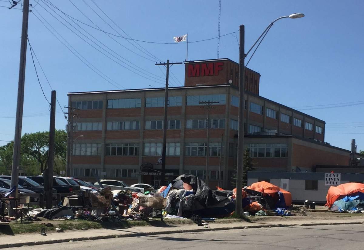 The since-dismantled homeless camp outside of the Manitoba Metis Federation headquarters in Winnipeg.