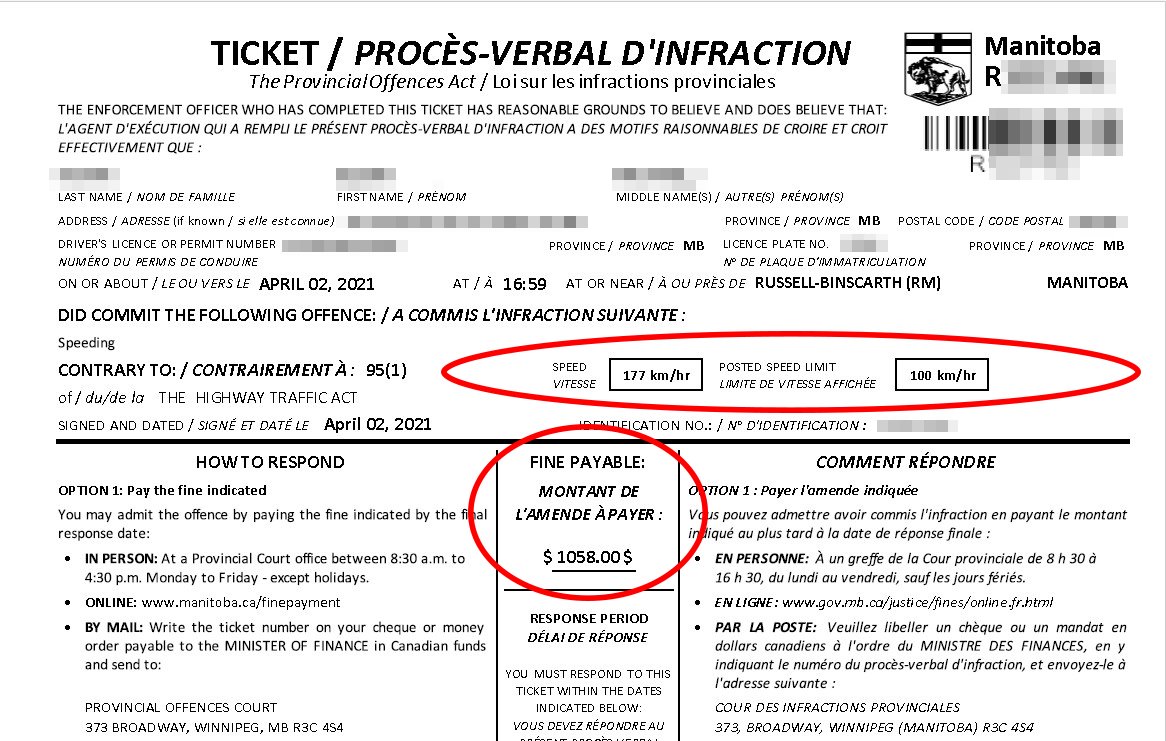 The motorcyclist received a $1,058 speeding ticket.