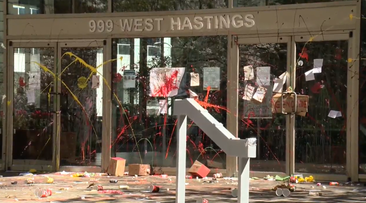 The aftermath of a protest against the Trans Mountain Pipeline Expansion in Vancouver which saw eight people arrested. 
