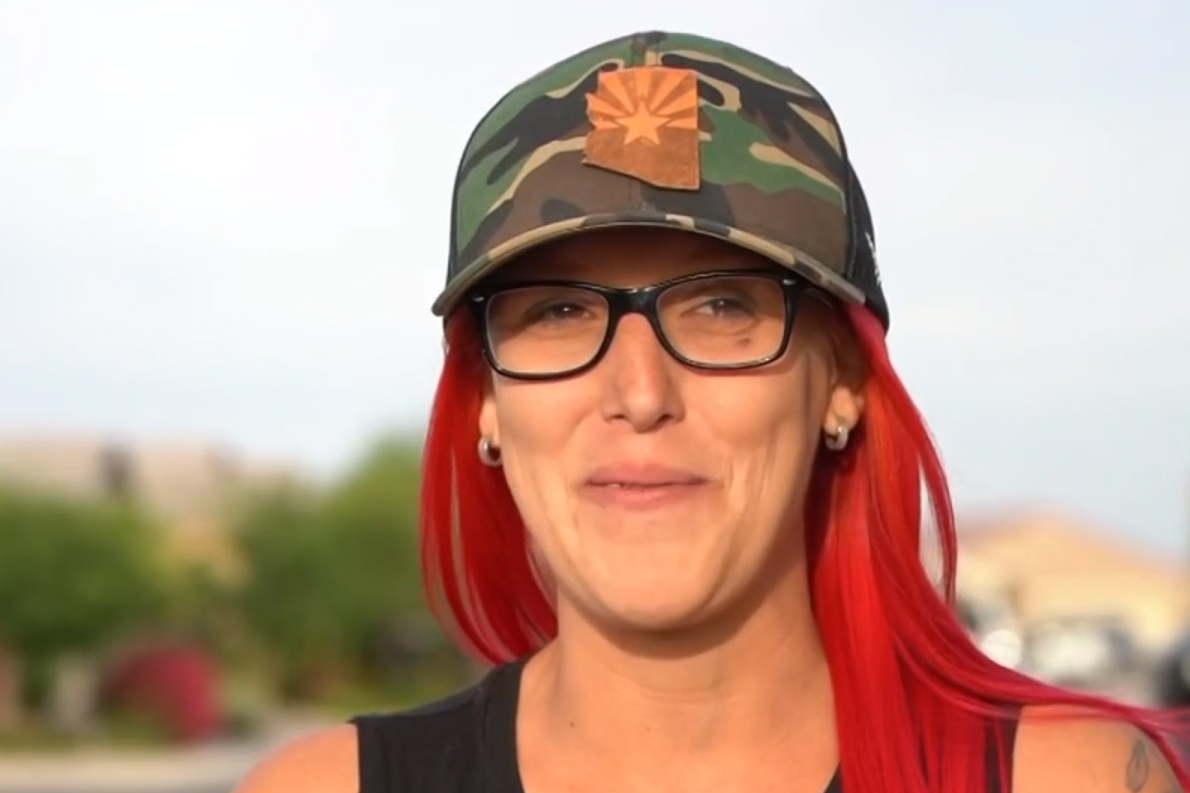 Francesca Wikoff speaks about the finger in her driveway outside her home in Maricopa, Ariz., on Apr. 15, 2021.