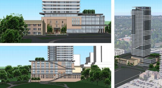 Renderings of proposed development (top left: westerly view from Queens Avenue; bottom left: easterly view from the Thames River; right: southwest aerial view of tower and base)