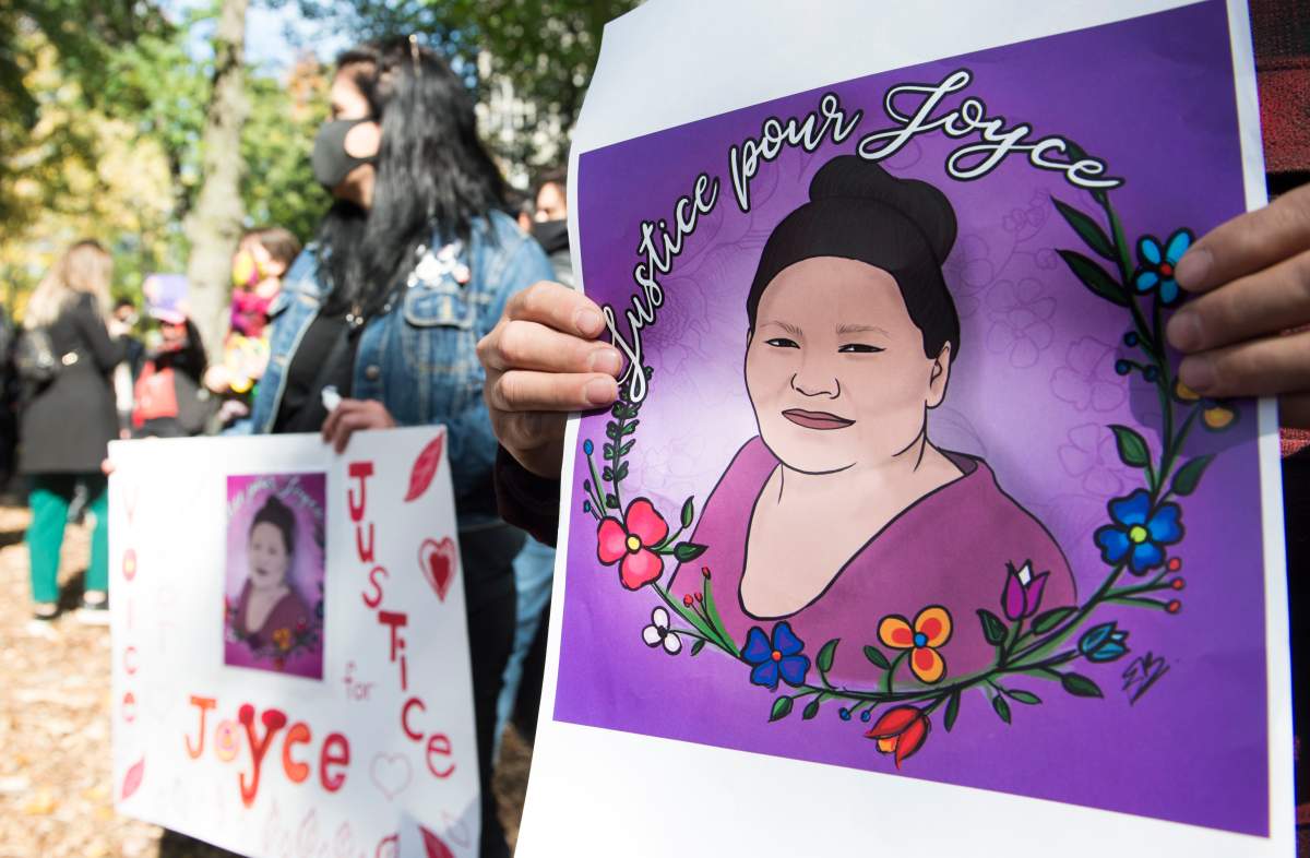People take part in a protest called ‘Justice for Joyce’ in Montreal, Saturday, October 3, 2020, where they demanded Justice for Joyce Echaquan and an end to all systemic racism. 