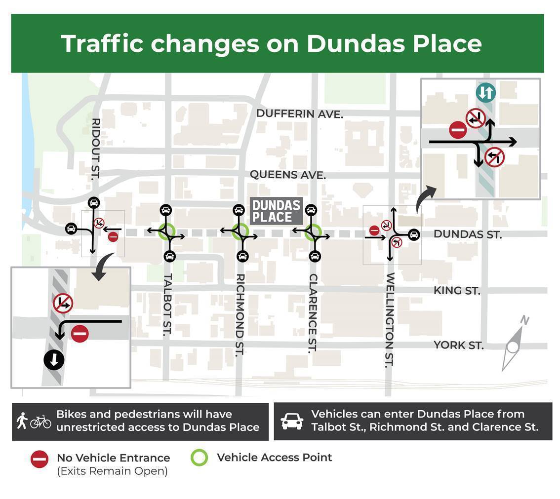 A visual of the temporary traffic restrictions set to take place on Dundas Place during the 2021 construction season.
