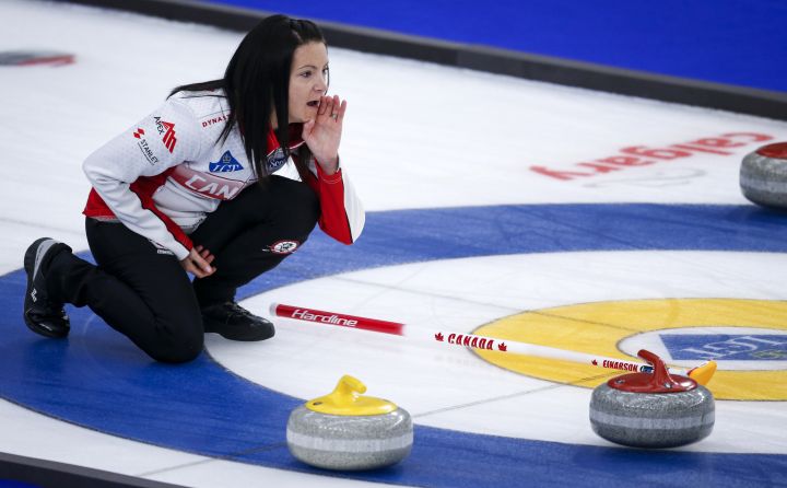 Team Canada skip Kerri Einarson directs her teammates against Italy at the Women’s World Curling Championship in Calgary, Alta., Tuesday, May 4, 2021.