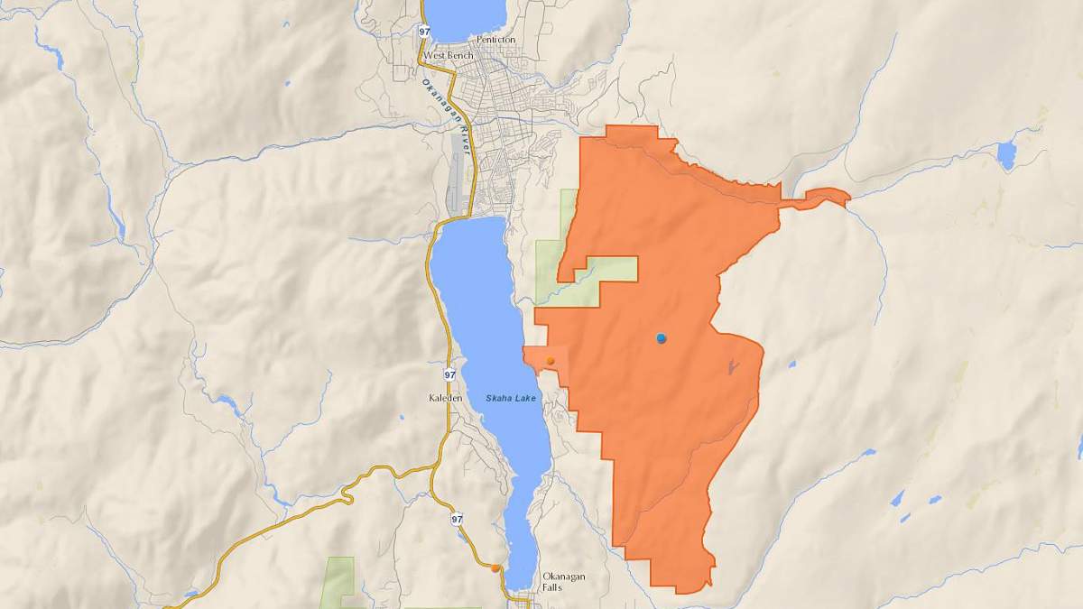 A map showing the McTaggart-Cowan/nsək’ɬniw’t wildlife management area in orange. A portion of the wildlife management area was severely damaged by the massive fire that razed 2,122 hectares last August.