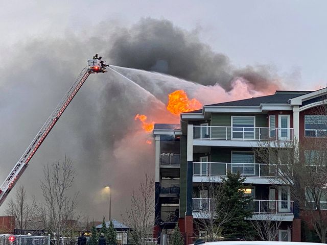 A massive fire at the Citadel Mews seniors care facility in St. Albert, Alta. on Thursday, May 6, 2021.