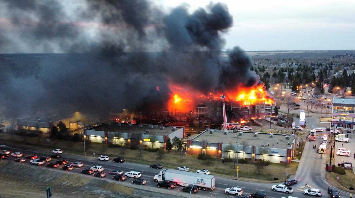 A massive fire at the Citadel Mews seniors care facility in St. Albert, Alta. on Thursday, May 6, 2021.