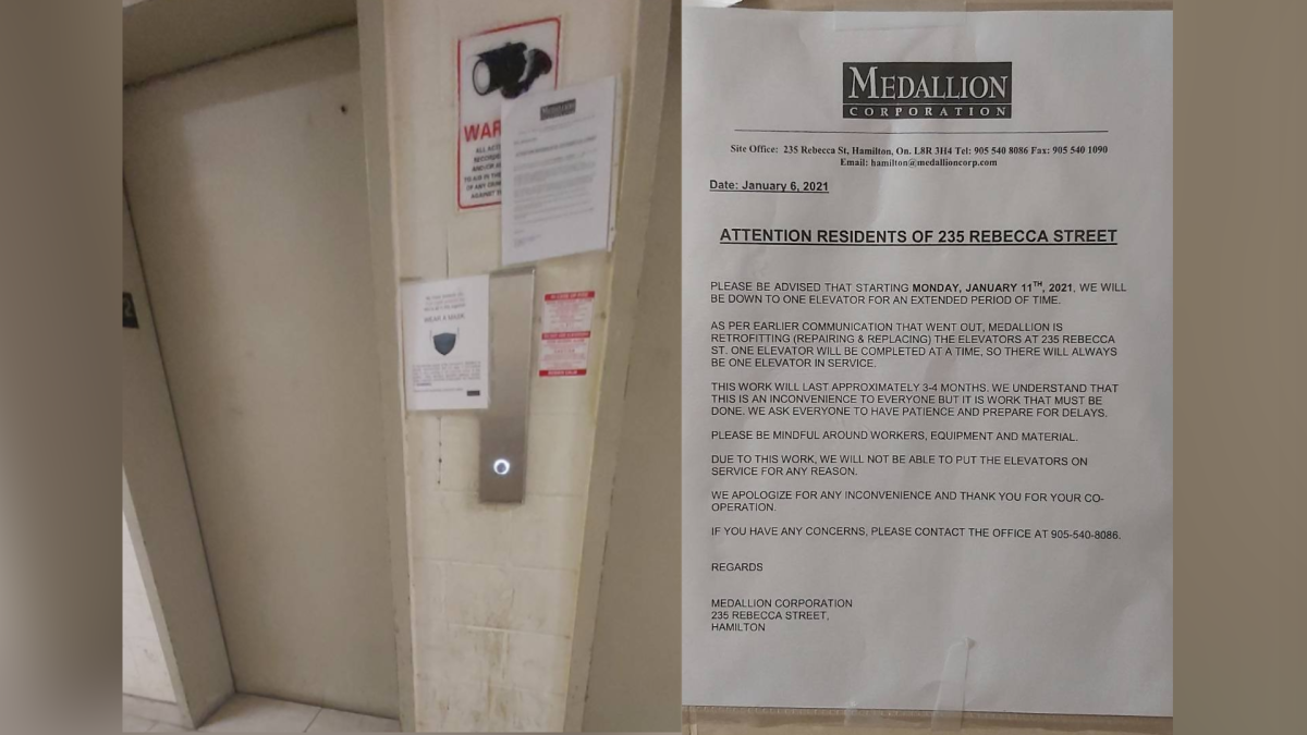 Residents from 235 Rebecca Street are suggesting an out of service elevator in the building contributed to the spread of COVID-19. A group of tenants said in a rally on May 7, 2021 there has been only one working elevator since January.