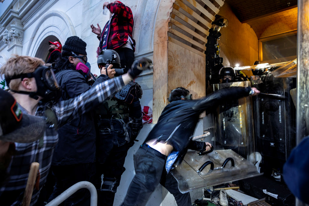 Trump supporters clash with police and security forces as people try to storm the U.S. Capitol on Jan. 6, 2021 in Washington, DC.